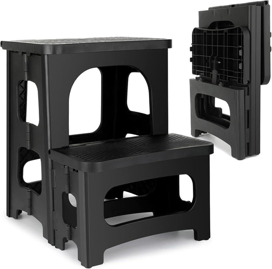 AMOISE Amoise Folding 2-Step Stool, Non-Slip Portable Footstool 8'' & 17'' Dual Heights, Holds 300 lbs, Portable Footstool for Kitchen Home Toilet Bedroom Office Bathroom RV(Black)