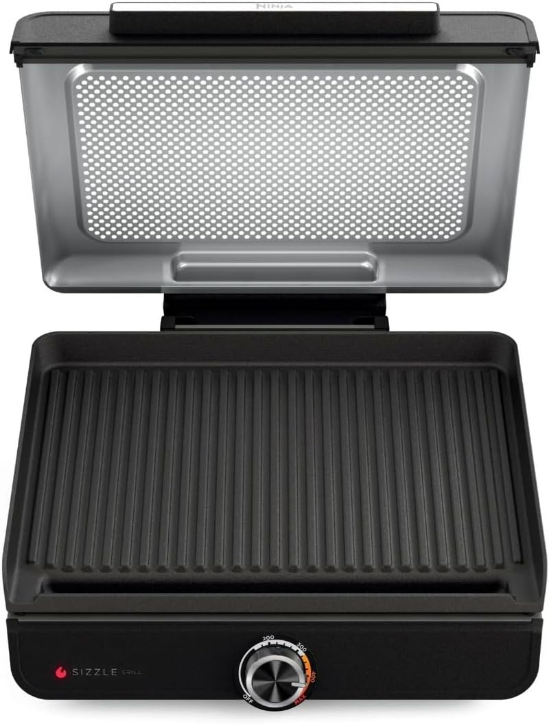 Ninja Sizzle Indoor Grill, 500°F High Heat Kitchen Grill with Nonstick 14 Inch Plate, Low-Smoke Technology, Edge-to-Edge Heating, Family-Sized, Countertop Cooking Tool (GR100)