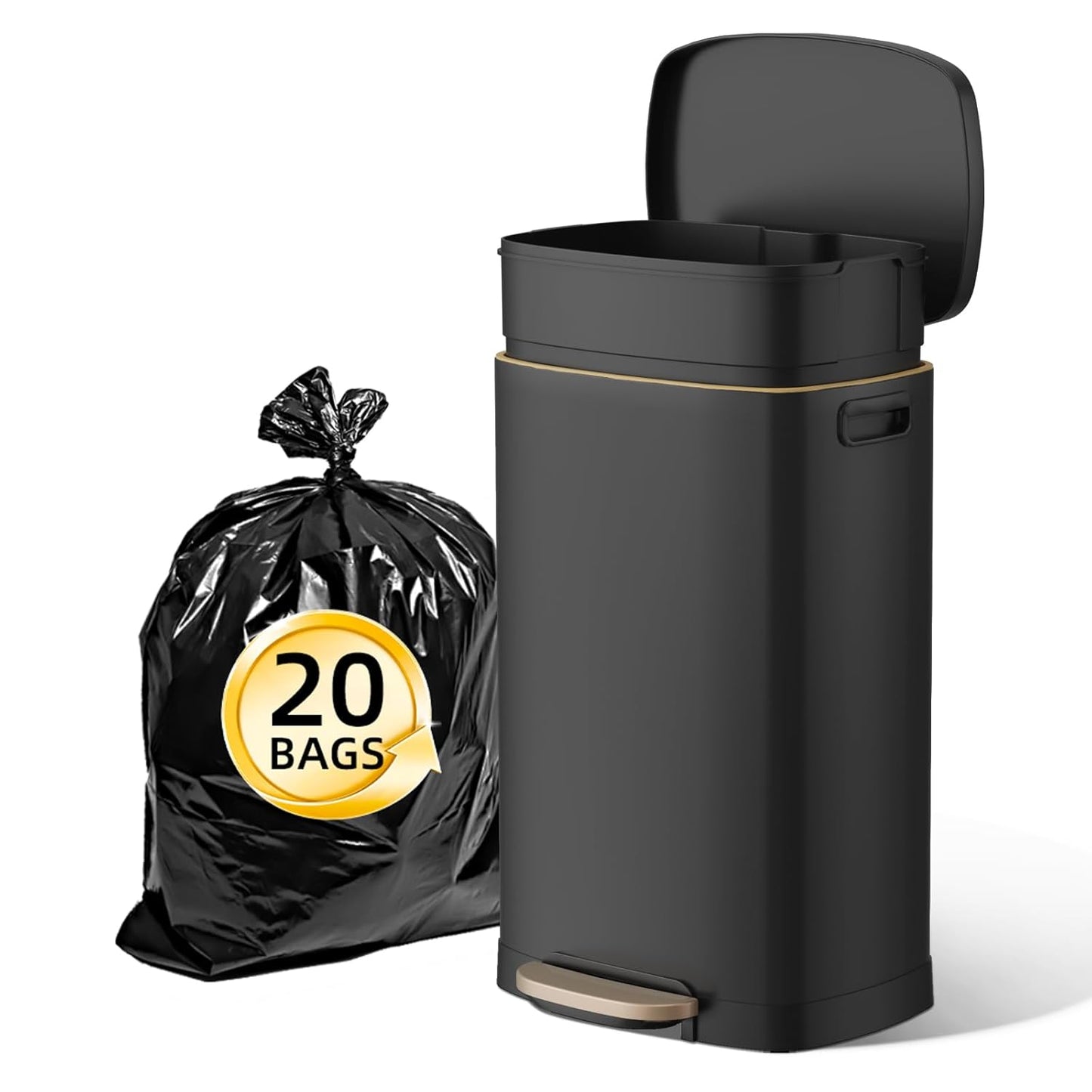 KUK 13 Gallon Kitchen Trash Can with Lid, 50L\/13Gal Office Step Garbage Can for Home, Kitchen, Laundry Room, Office, Brushed Stainless Steel, Black