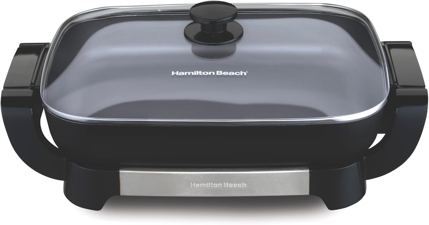 Hamilton Beach Electric Skillet with PFAS-Free Durathon Ceramic Coating, Removable 12x15\u201D Pan, Adjustable Temperature, Reversible Design, Tempered Glass Lid, Black Nonstick Surface (38531)