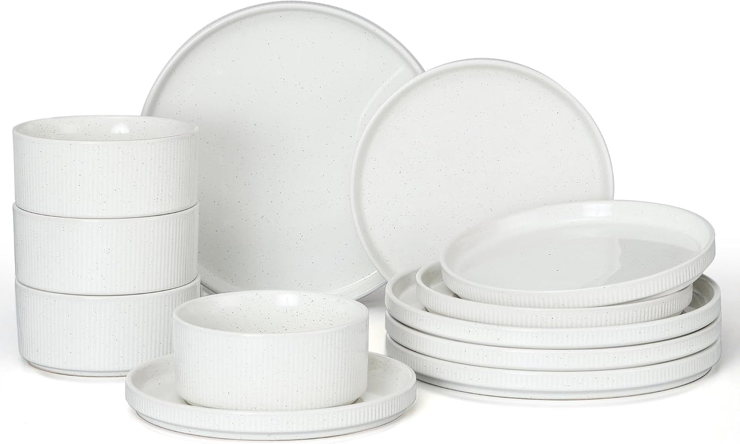 E-far 12-Piece Plates and Bowls Sets, Stoneware Dinnerware Dishes Sets for 4, Kitchen Modern Dining Dishware, Chip & Scratch Resistant, Microwave & Dishwasher Safe, Speckled White