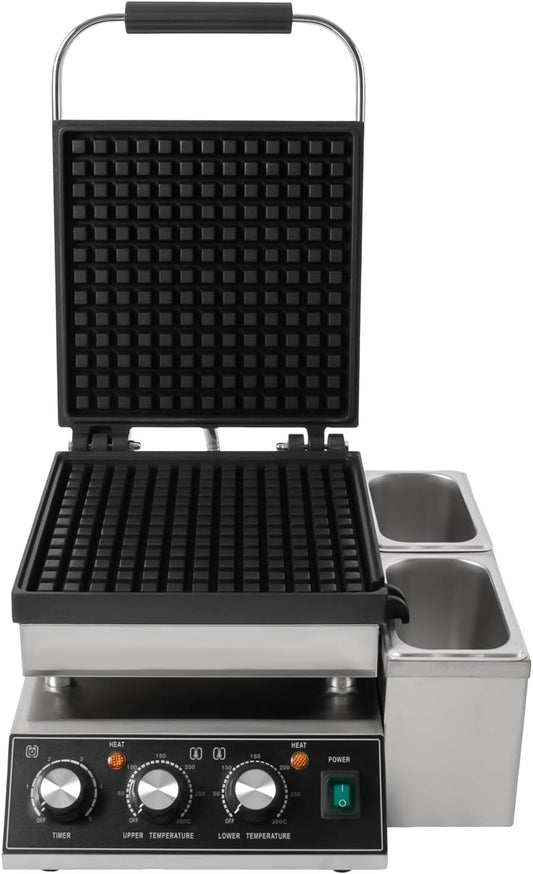 110V Commercial Waffle Machine, 2200W Nonstick Electric Waffle Maker with Teflon Coating Makes, 50~300℃ Temp 0~5 mins Stainless Steel Maker Baker Desktop Mount Double-sided Heating