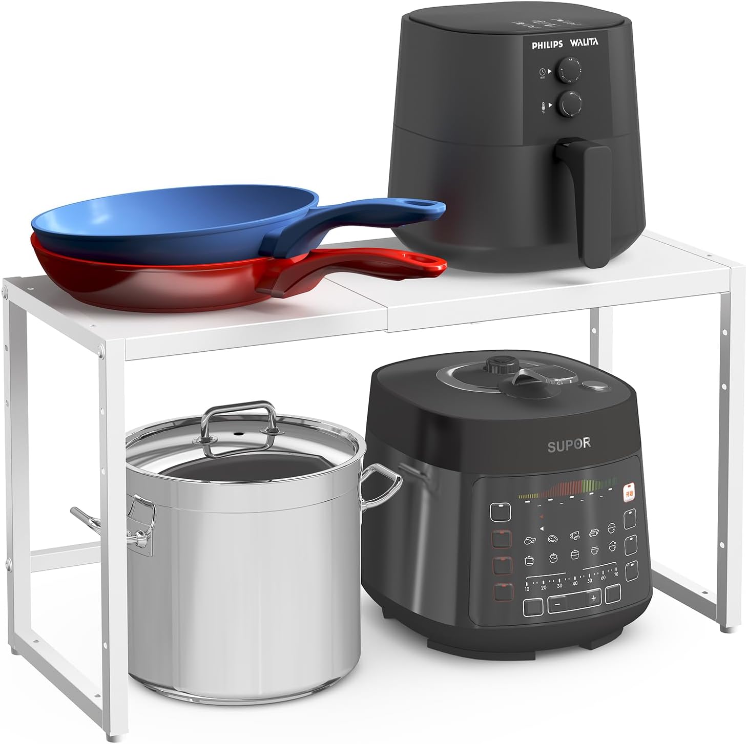 Expandable Kitchen Storage Shelves,110LBS Heavy Duty Metal Shelving Units and Storage For Small Appliance, Adjustable Stackble Storage Shelf Organizer For Kitchen Cabinet Pantry Warehouse Garage,White