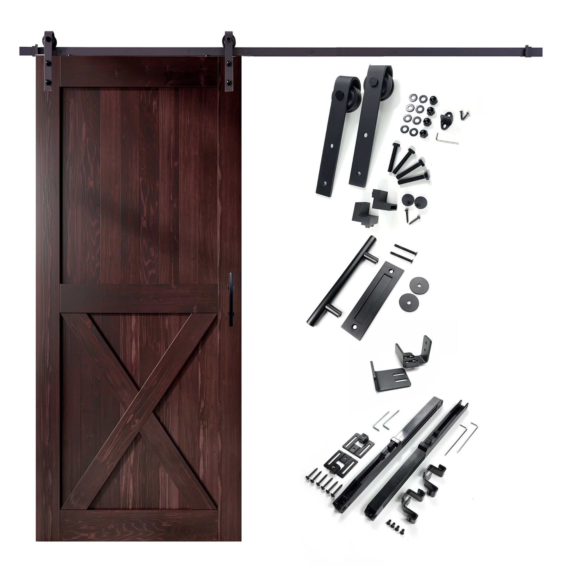 HOMACER 60-in x 84-in Red Mahogany X-frame Pine Wood Solid core Single Barn Door (Hardware Included)