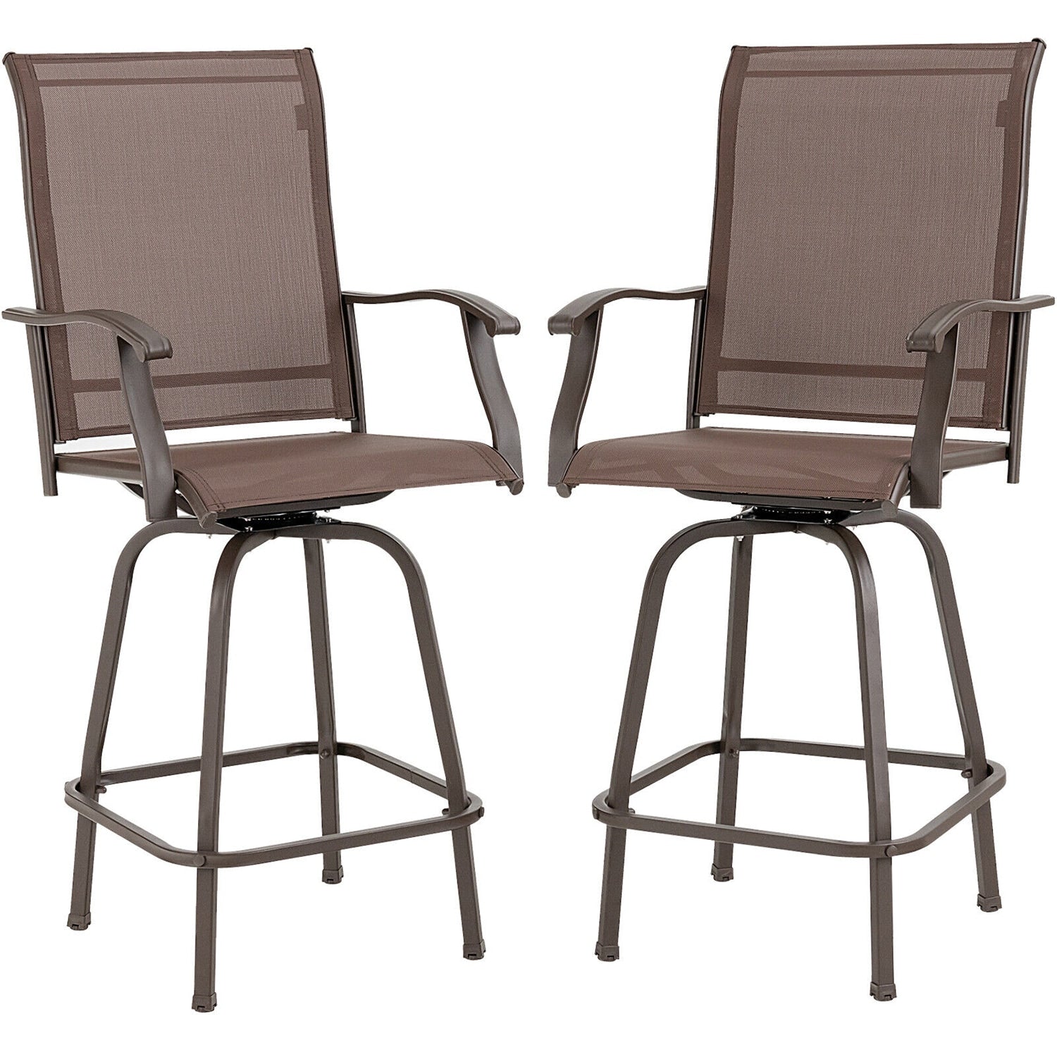 WELLFOR Set of 2 Brown Steel Frame Swivel Bar Stool Chair with Brown Solid Seat