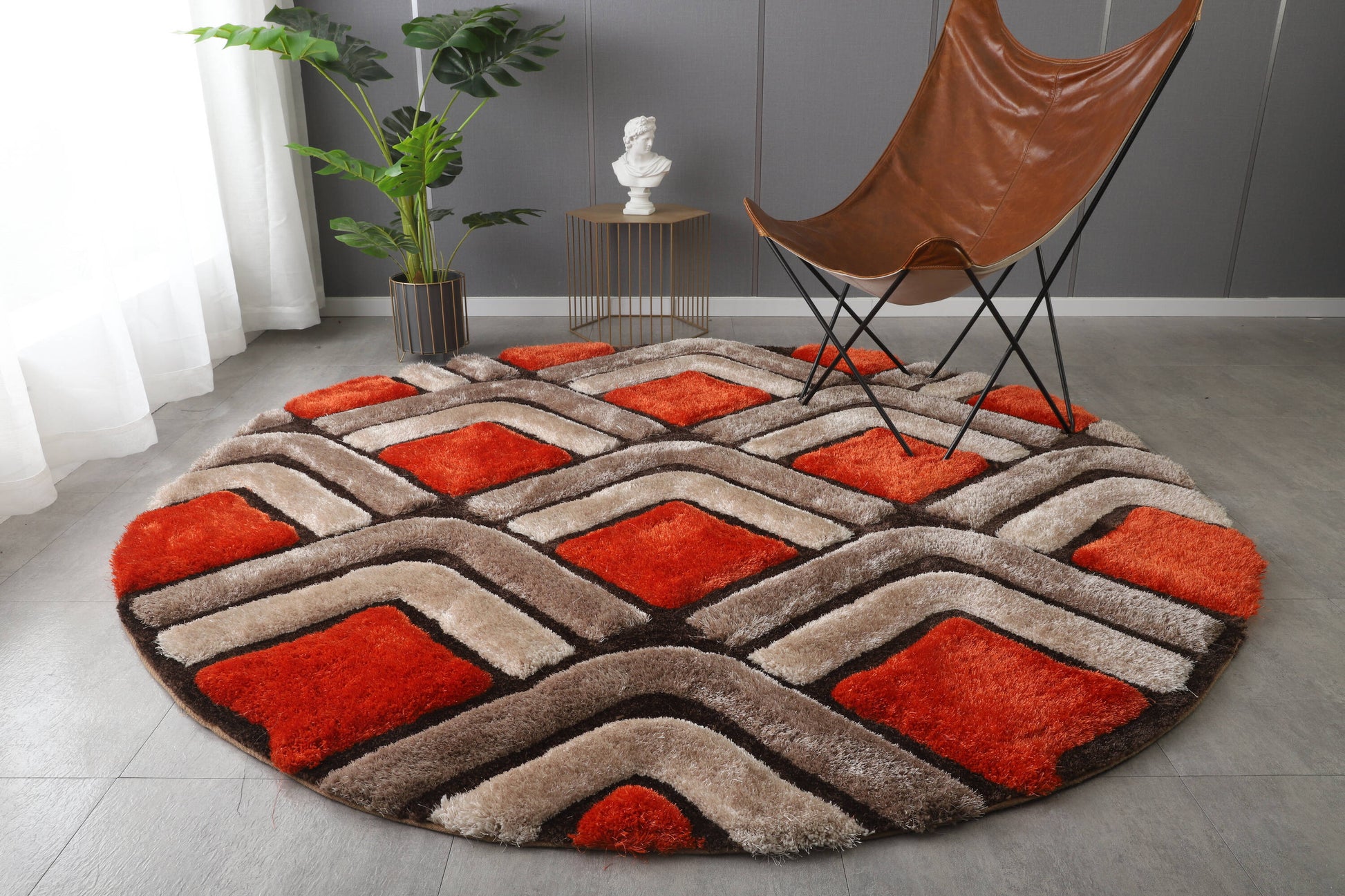 MDA Rugs Mateos 7 x 7 (ft) Polyester Orange and Brown Round Indoor Geometric Professionally Clean Only Area rug