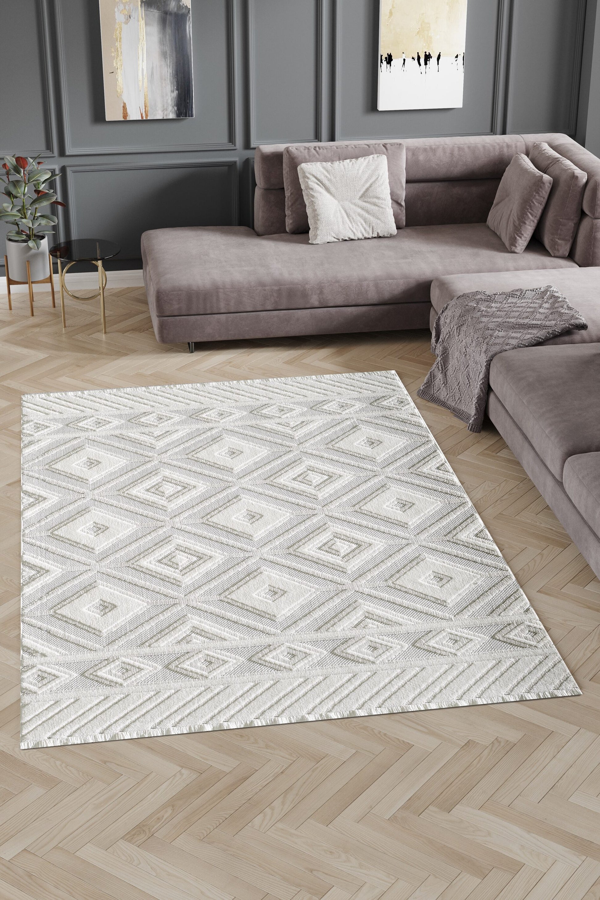 MDA Rugs Milos 8 x 10 (ft) Polyester White Rectangular Indoor Geometric Professionally Clean Only Area rug