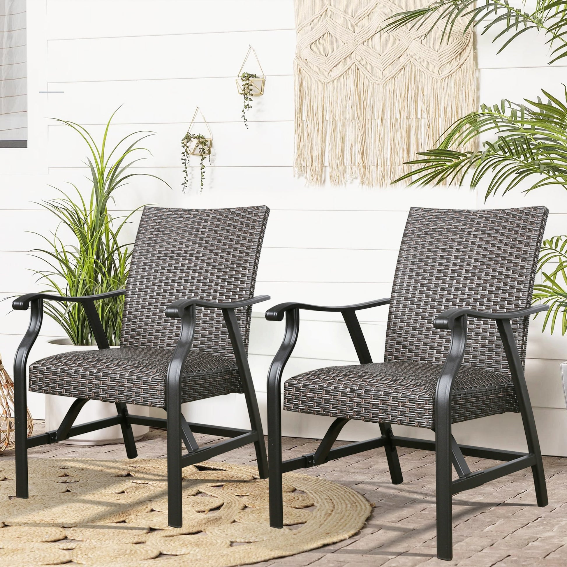 PEAK HOME FURNISHINGS Set of 2 Wicker Black Metal Frame Conversation Chair with Woven Seat