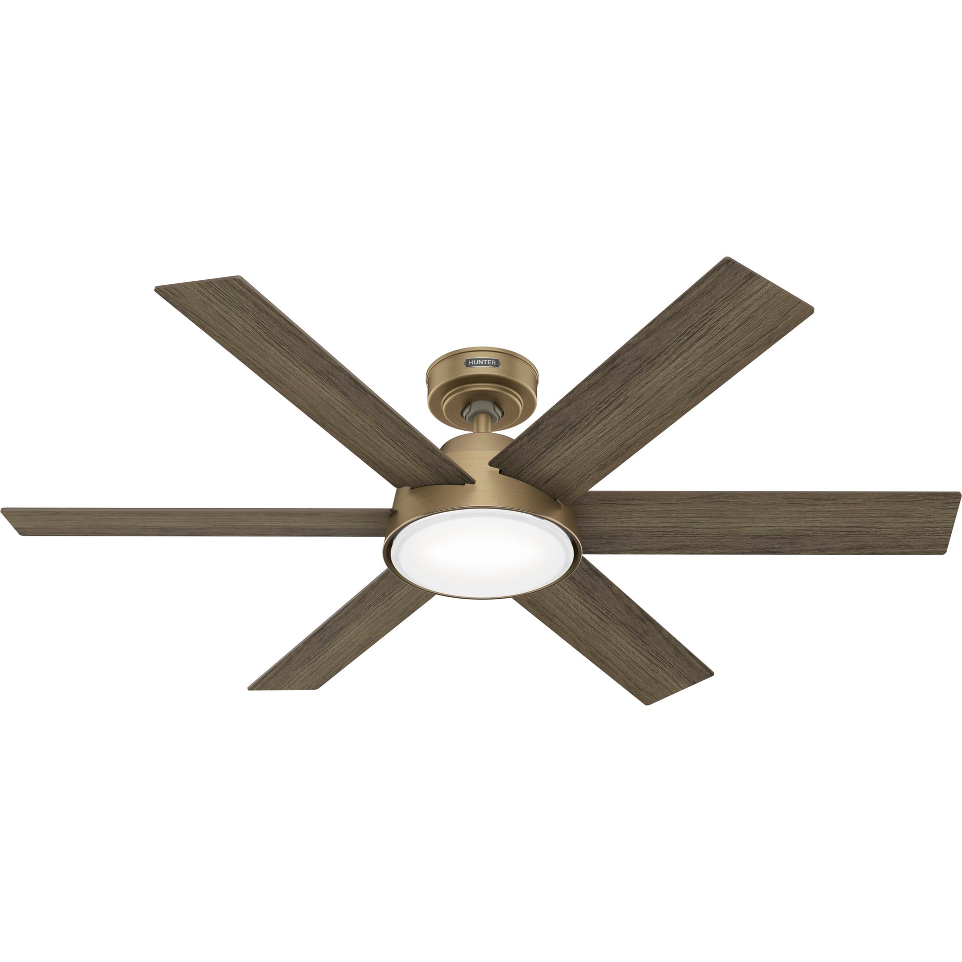 Hunter Donatella 52-in Burnished Brass with Warm Grey Oak Blades Integrated LED Downrod or Flush Mount Ceiling Fan With Light 6 -Blade