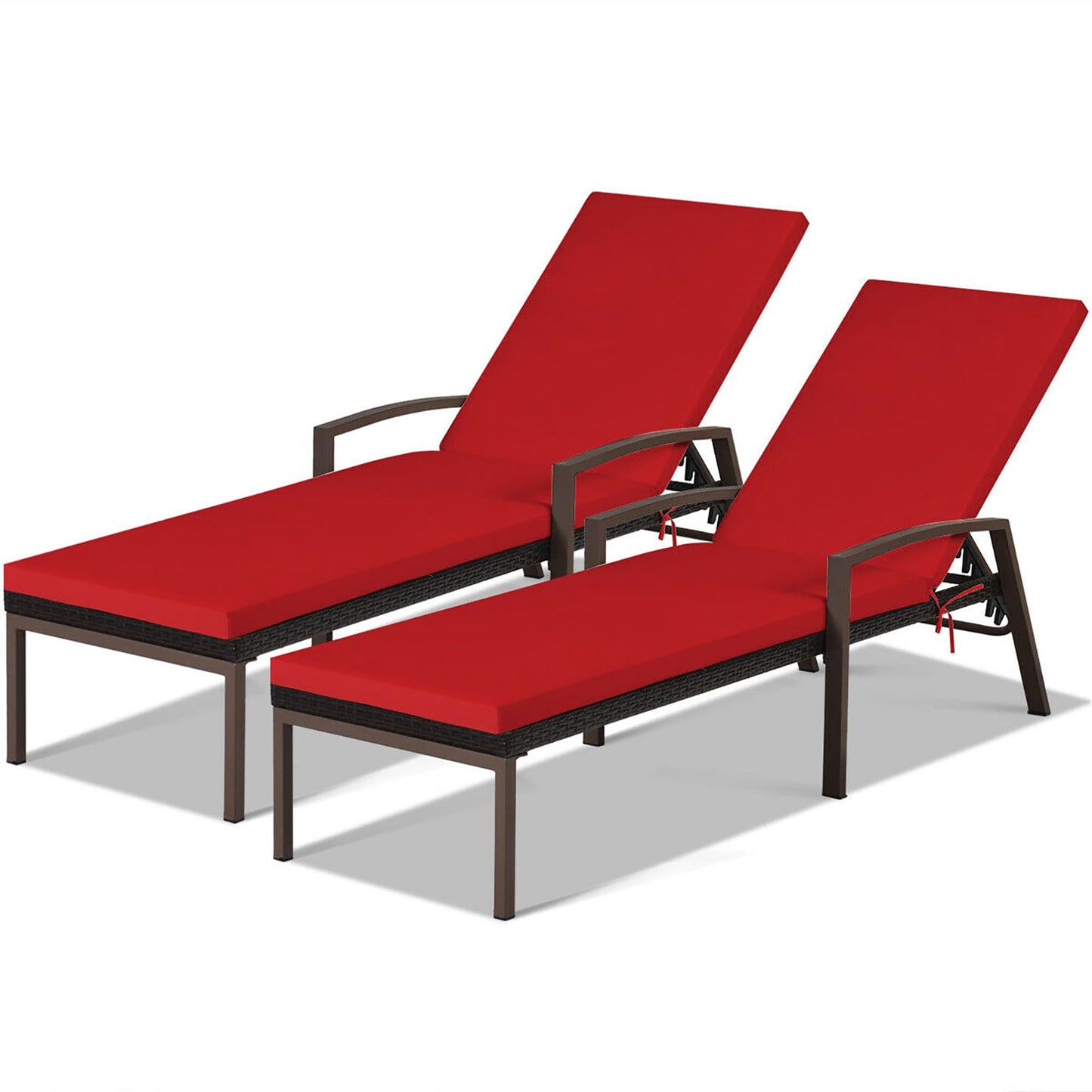 Forclover Set of 2 Rattan Black Steel Frame Stationary Chaise Lounge Chair with Red Cushioned Seat
