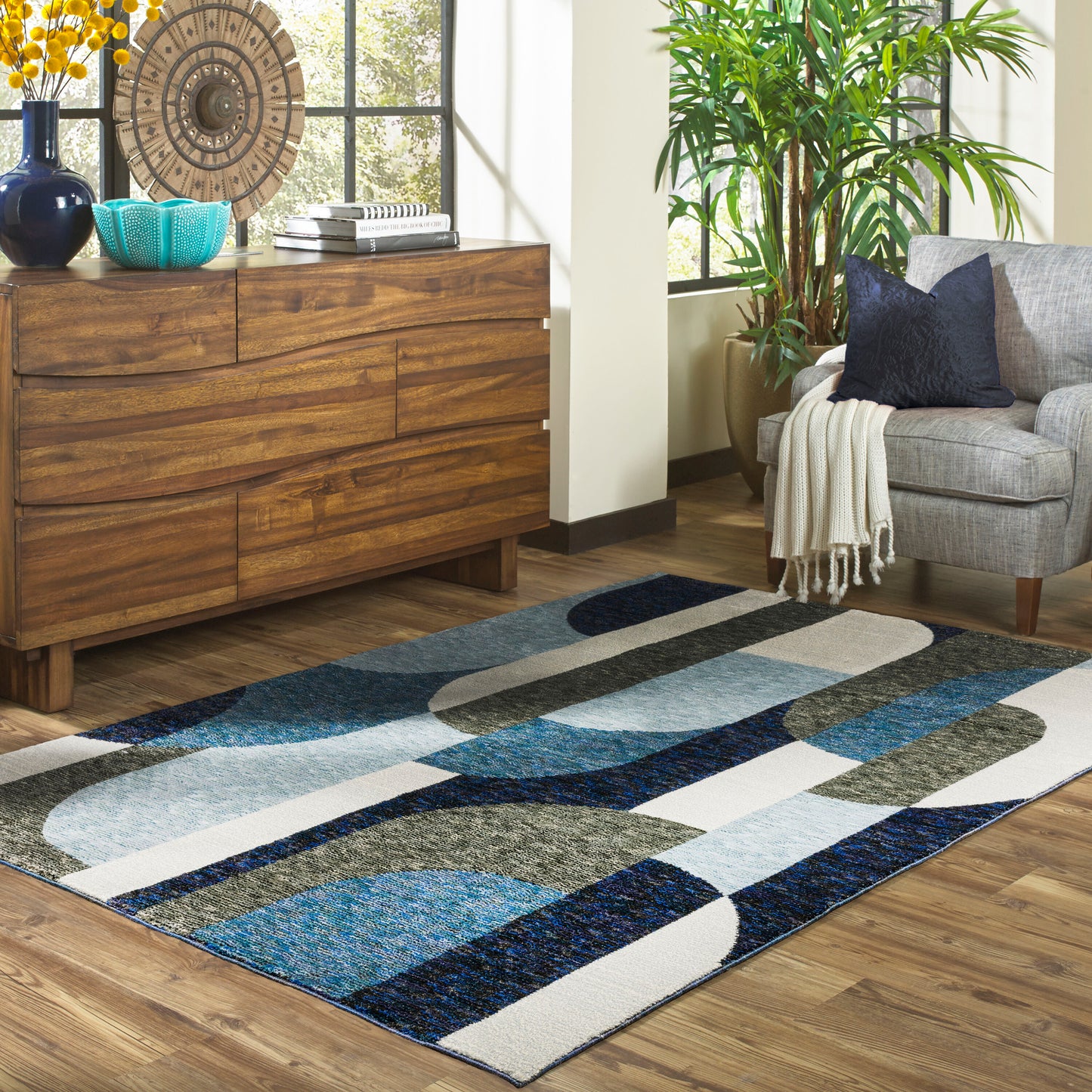Archer Lane Eastmoor 5 x 7 (ft) Loomed Nylon Blue Rectangular Indoor Geometric Spot Clean Only Pet Friendly Area rug