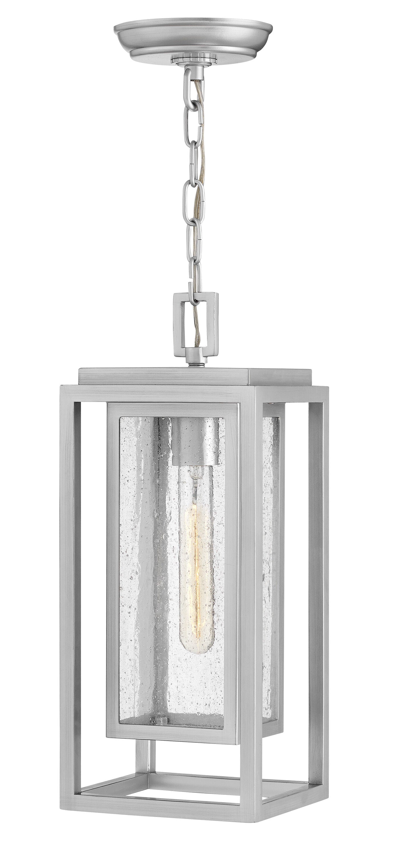 Hinkley Republic 1 -Light Satin Nickel Coastal Seeded glass Glass Square Medium Outdoor Hanging Pendant Light