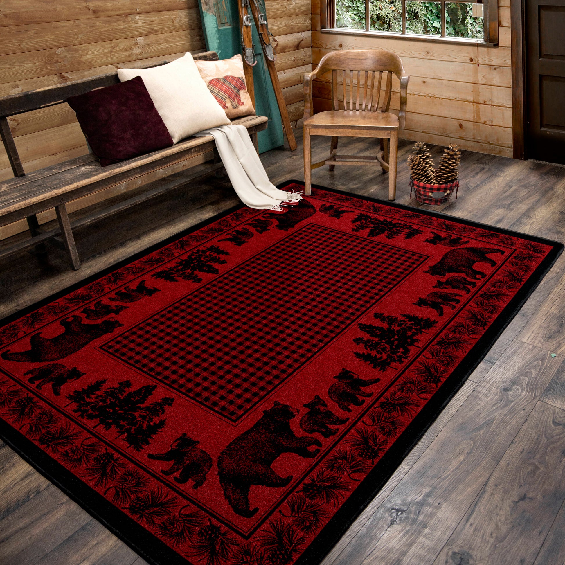 American Dakota Bear Family 5 x 8 (ft) Tufted Nylon Red Rectangular Indoor Lodge Spot Clean Only Area rug