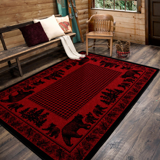 American Dakota Bear Family 5 x 8 (ft) Tufted Nylon Red Rectangular Indoor Lodge Spot Clean Only Area rug