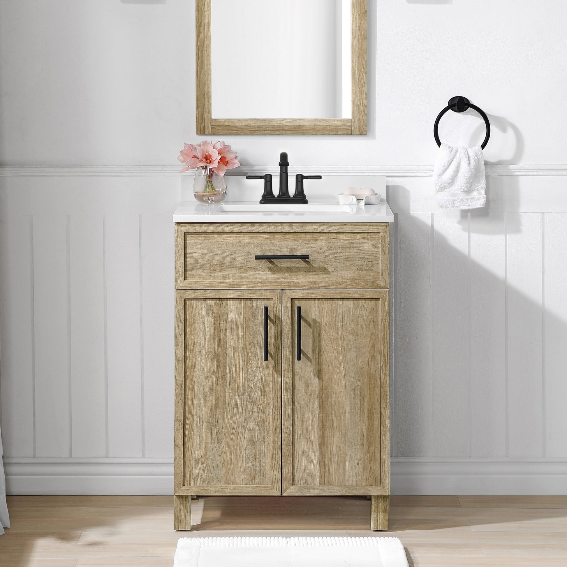 Style Selections Dolton 24-in Light Natural Oak Undermount Single Sink Bathroom Vanity with White Engineered Marble Top (Mirror Included)