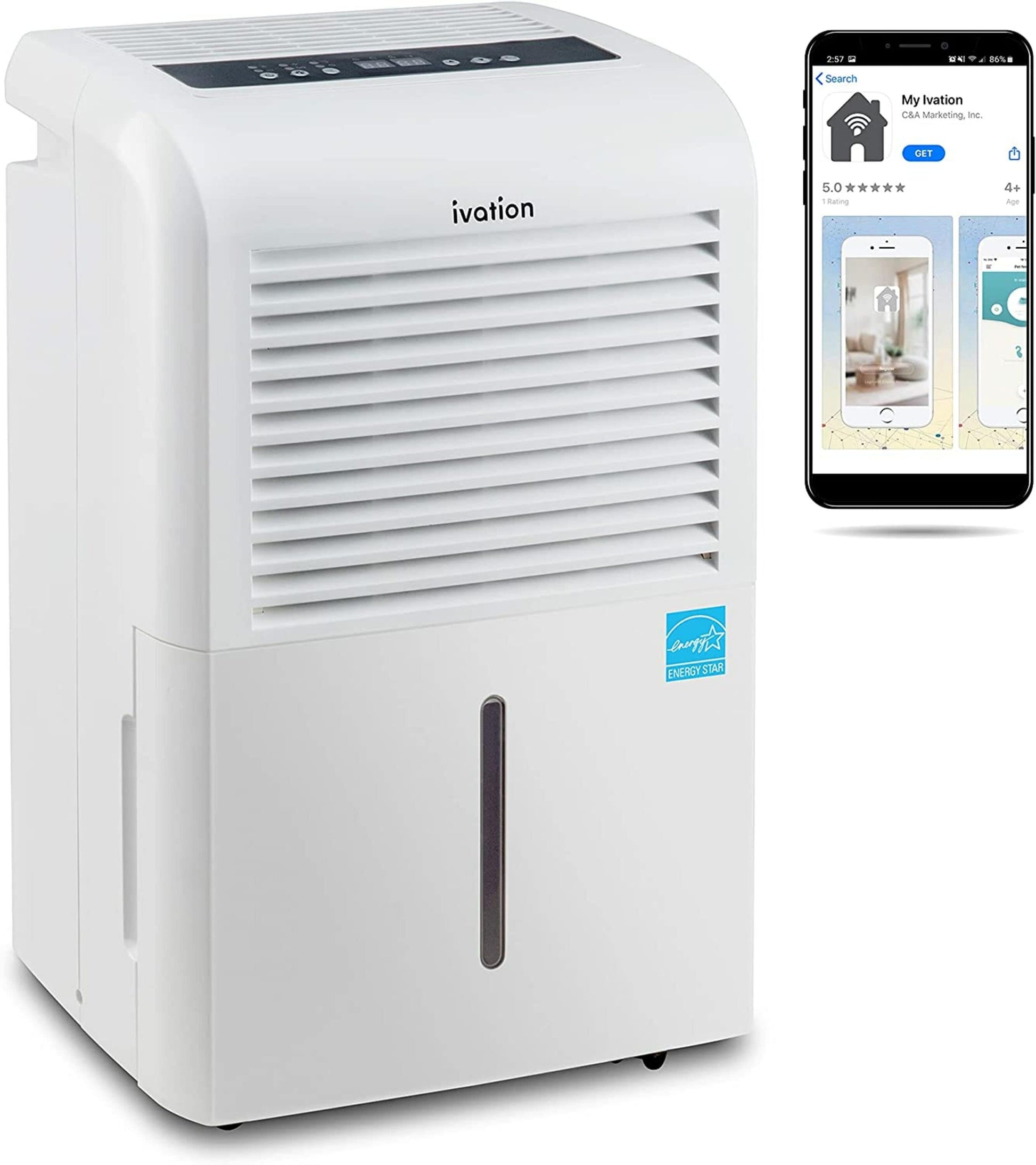 Ivation 50-Pint 3-Speed Wi-Fi Connected Dehumidifier ENERGY STAR (For Rooms 3001+ sq ft) IVADUWIFI50