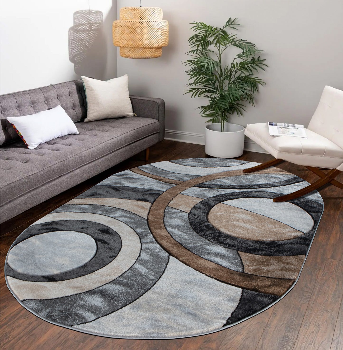 MDA Rugs Orelsi 5 x 8 (ft) Polypropylene Gray/Cream/Beige Oval Indoor Abstract Area rug