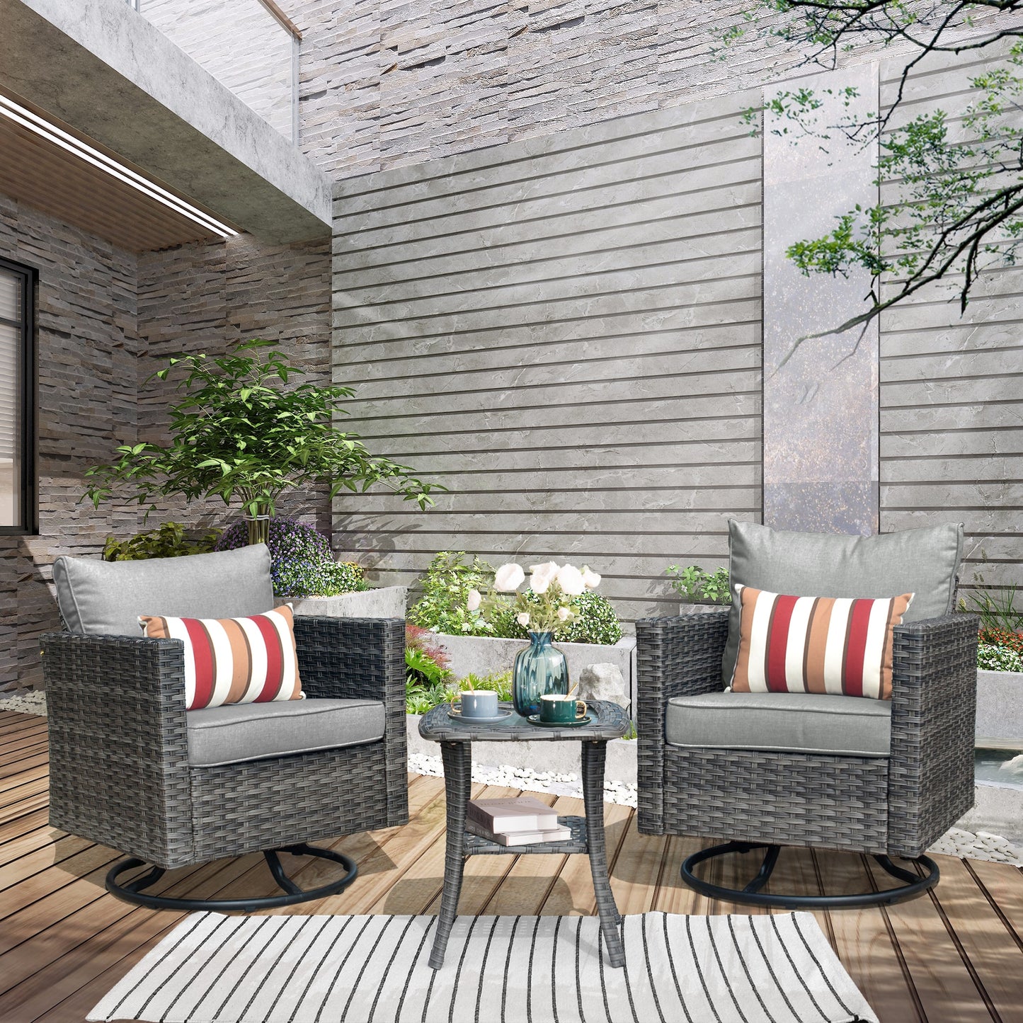 XIZZI Lullaby Set of 2 Wicker Gray Metal Frame Swivel Rocking Chair with Gray Cushioned Seat