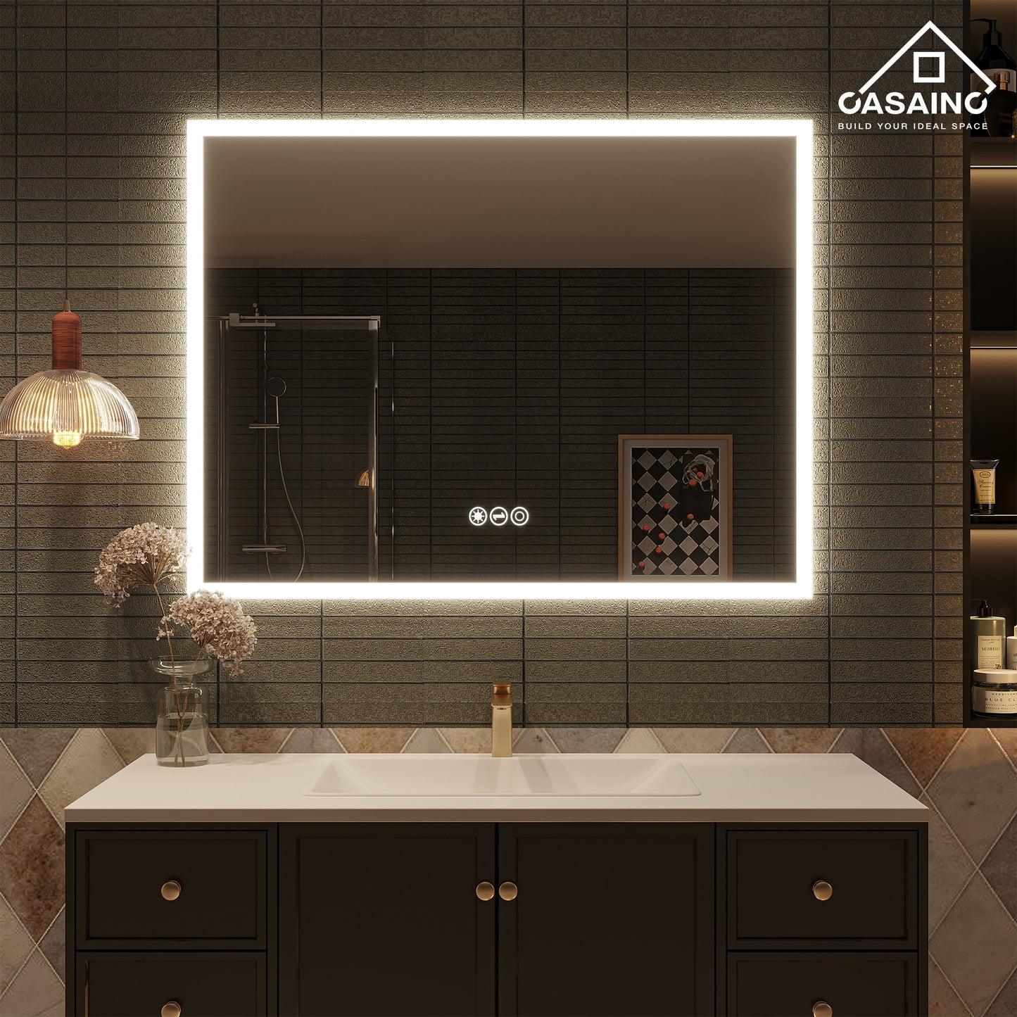 CASAINC 48-in x 36-in Framed Rectangle Dimmable LED Lighted Fog Free Bathroom Vanity Mirror ( Sliver )