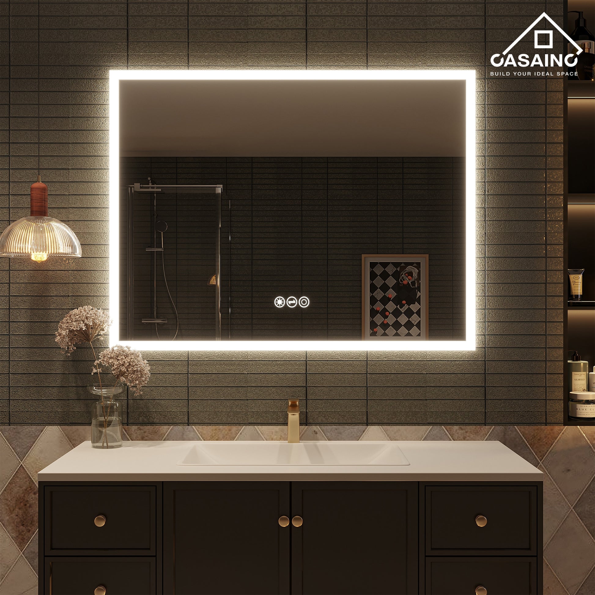 CASAINC 48-in x 36-in Framed Rectangle Dimmable LED Lighted Fog Free Bathroom Vanity Mirror ( Sliver )