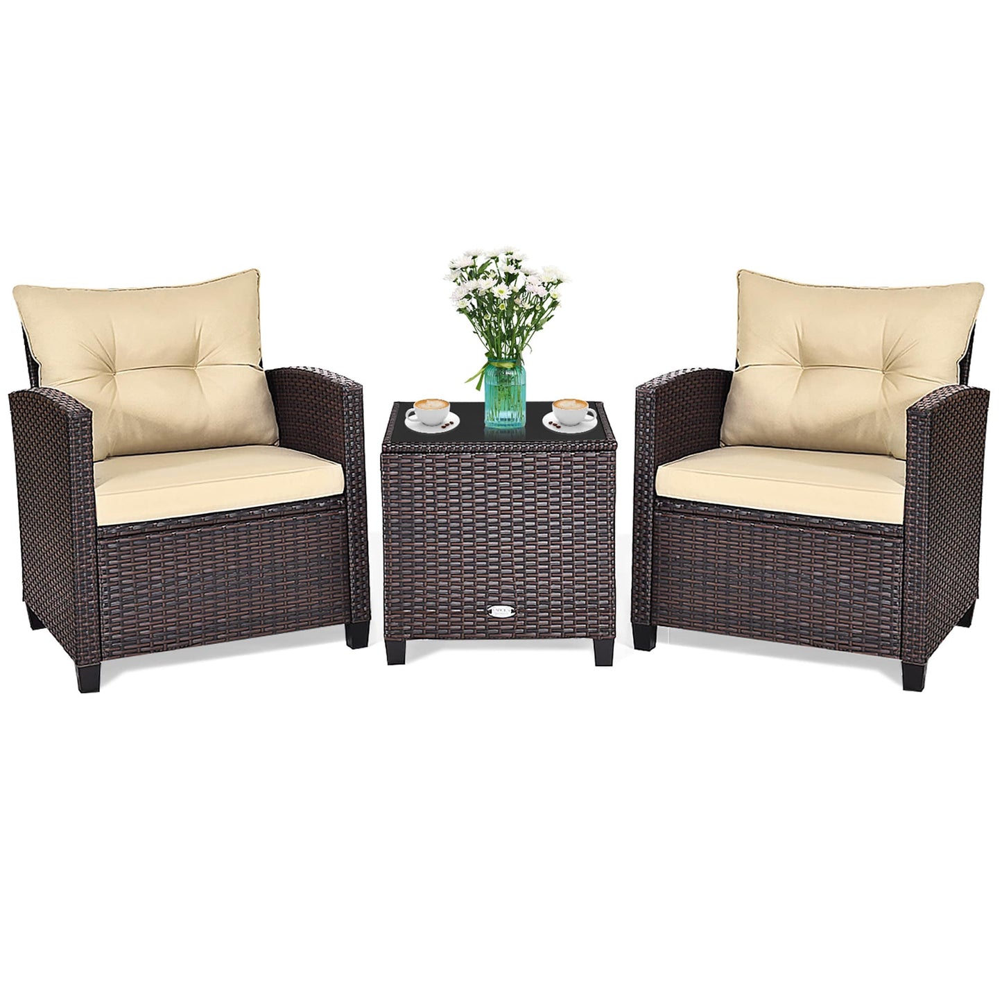 Forclover 3 -Piece Rattan Patio Conversation Set with Off-white Cushions
