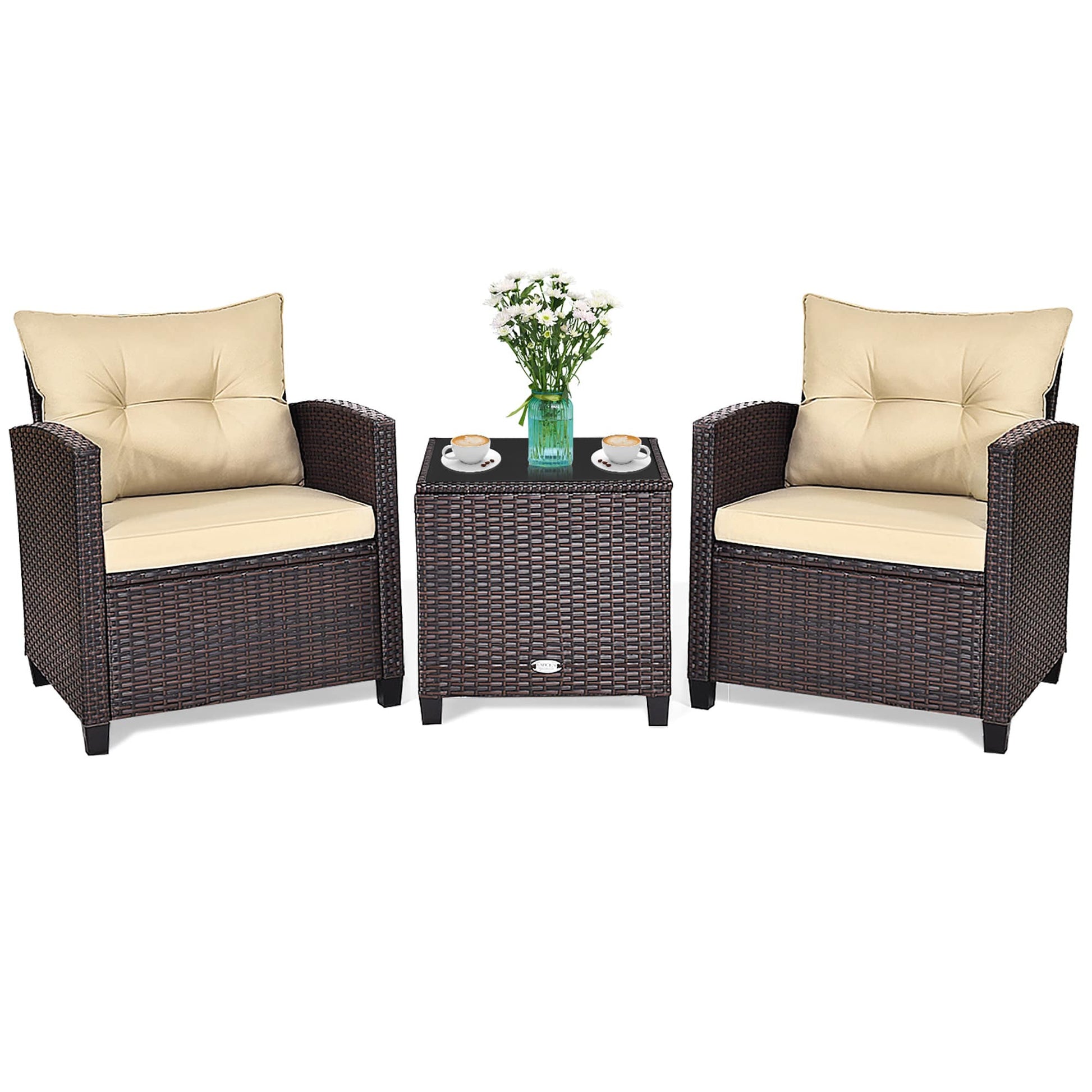 Forclover 3 -Piece Rattan Patio Conversation Set with Off-white Cushions