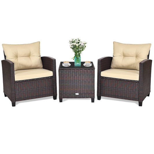 Forclover 3 -Piece Rattan Patio Conversation Set with Off-white Cushions