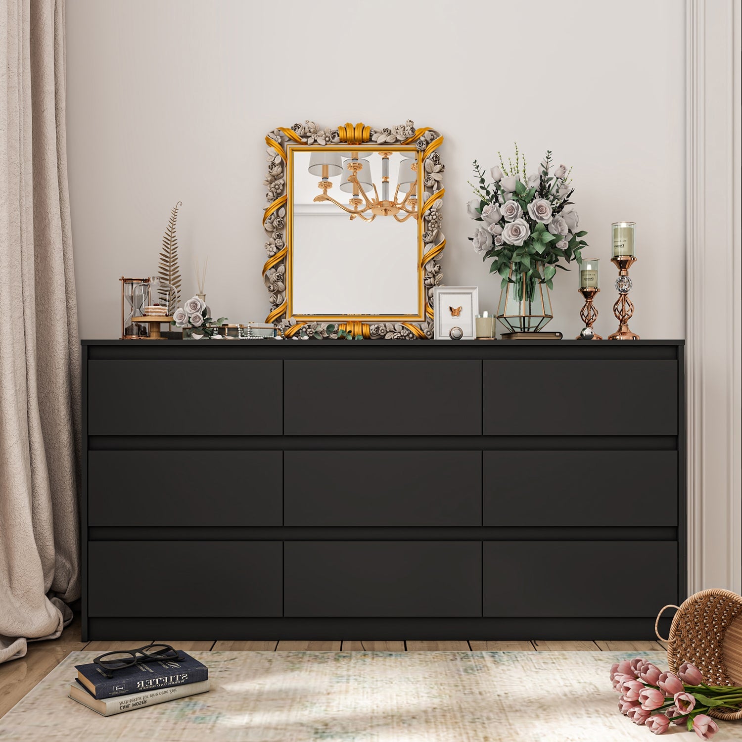 FUFU&GAGA Black 9 -Drawer 63.0-in Standard dresser