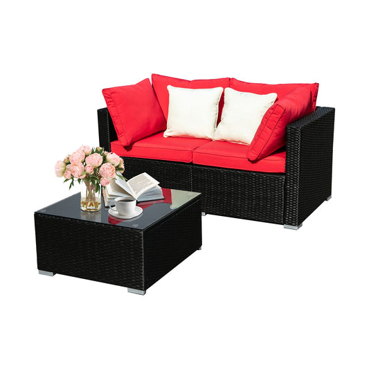 Ainfox Patio Conversation Sets 3 -Piece Rattan Patio Conversation Set with Red Cushions