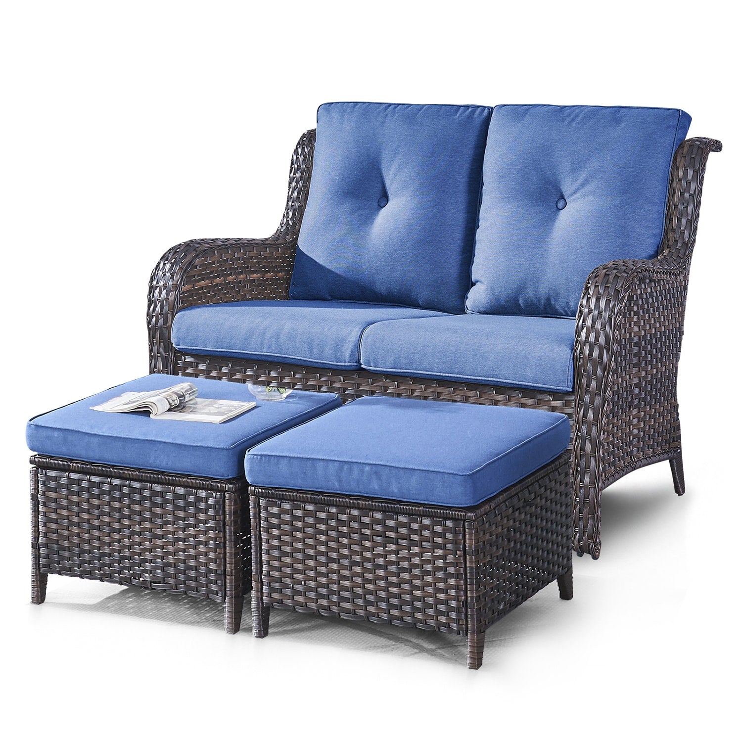 Rilyson Curved handrail Wicker Outdoor Sofa with Blue Cushions and Wicker Frame