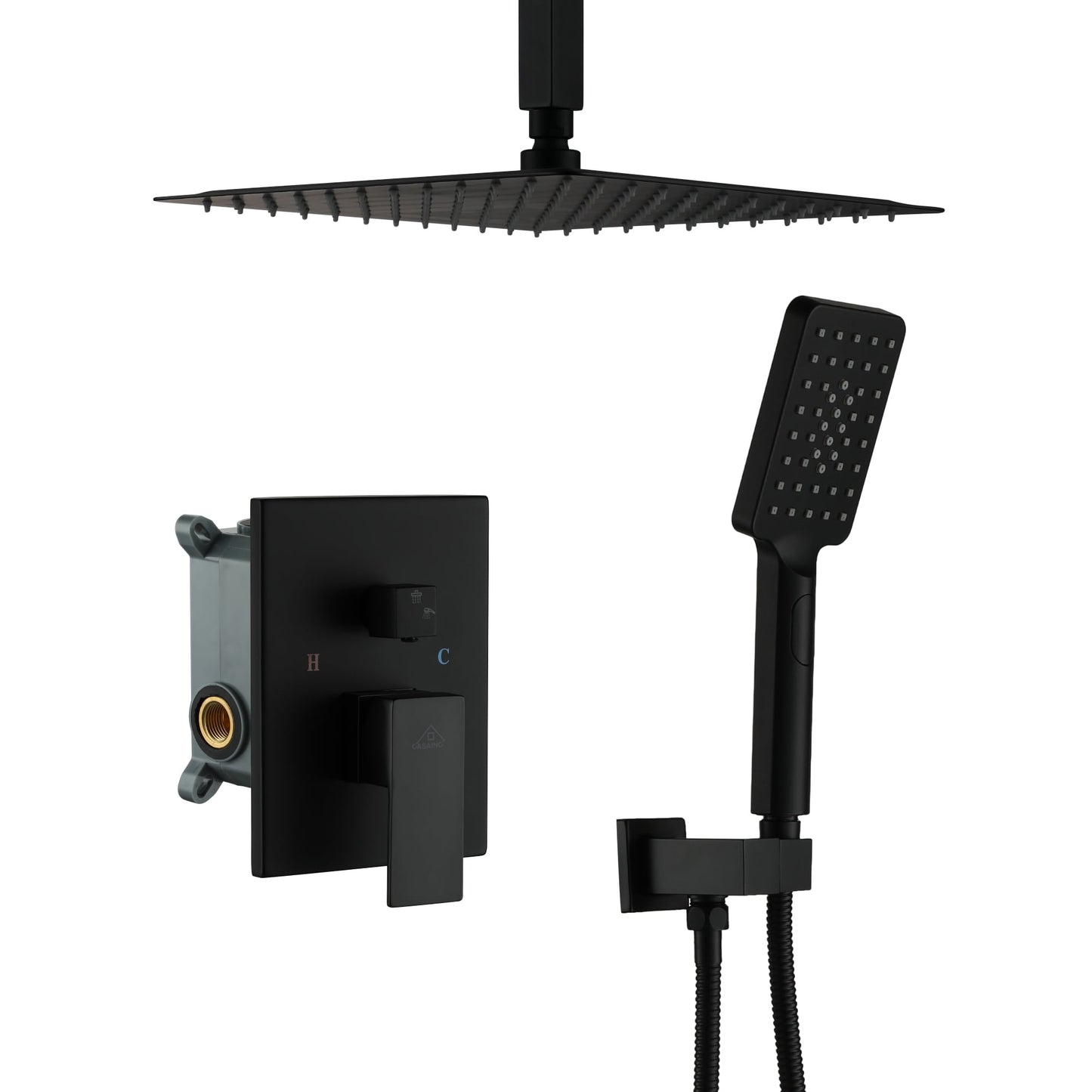 CASAINC 2-in-1 Matte Black Shower System with Rainfall Showerhead Handheld Matte Black 12-in Built-In ShowerÂ FaucetÂ System with 2-way Diverter ( Pressure-balanced Valve Included )