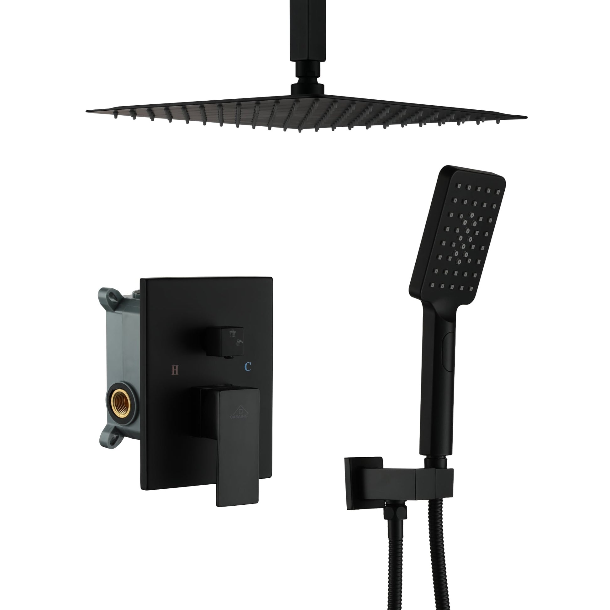 CASAINC 2-in-1 Matte Black Shower System with Rainfall Showerhead Handheld Matte Black 12-in Built-In ShowerÂ FaucetÂ System with 2-way Diverter ( Pressure-balanced Valve Included )