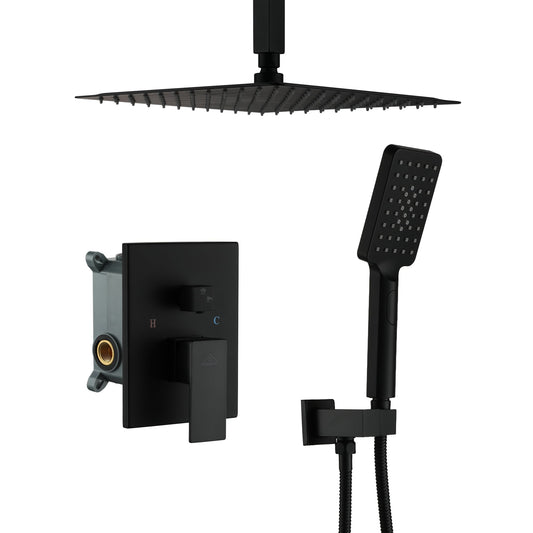 CASAINC 2-in-1 Matte Black Shower System with Rainfall Showerhead Handheld Matte Black 12-in Built-In ShowerÂ FaucetÂ System with 2-way Diverter ( Pressure-balanced Valve Included )