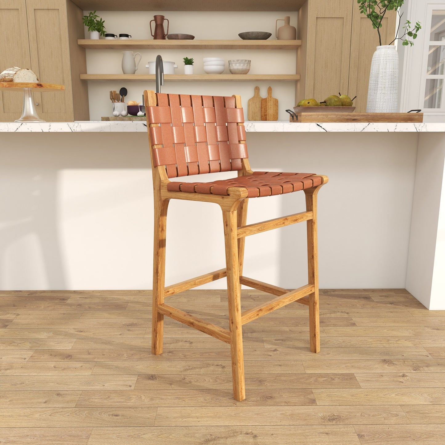 Grayson Lane Brown Woven Leather Seat and Back with Beam Footrest 29.0-in H Bar height Wood Bar Stool