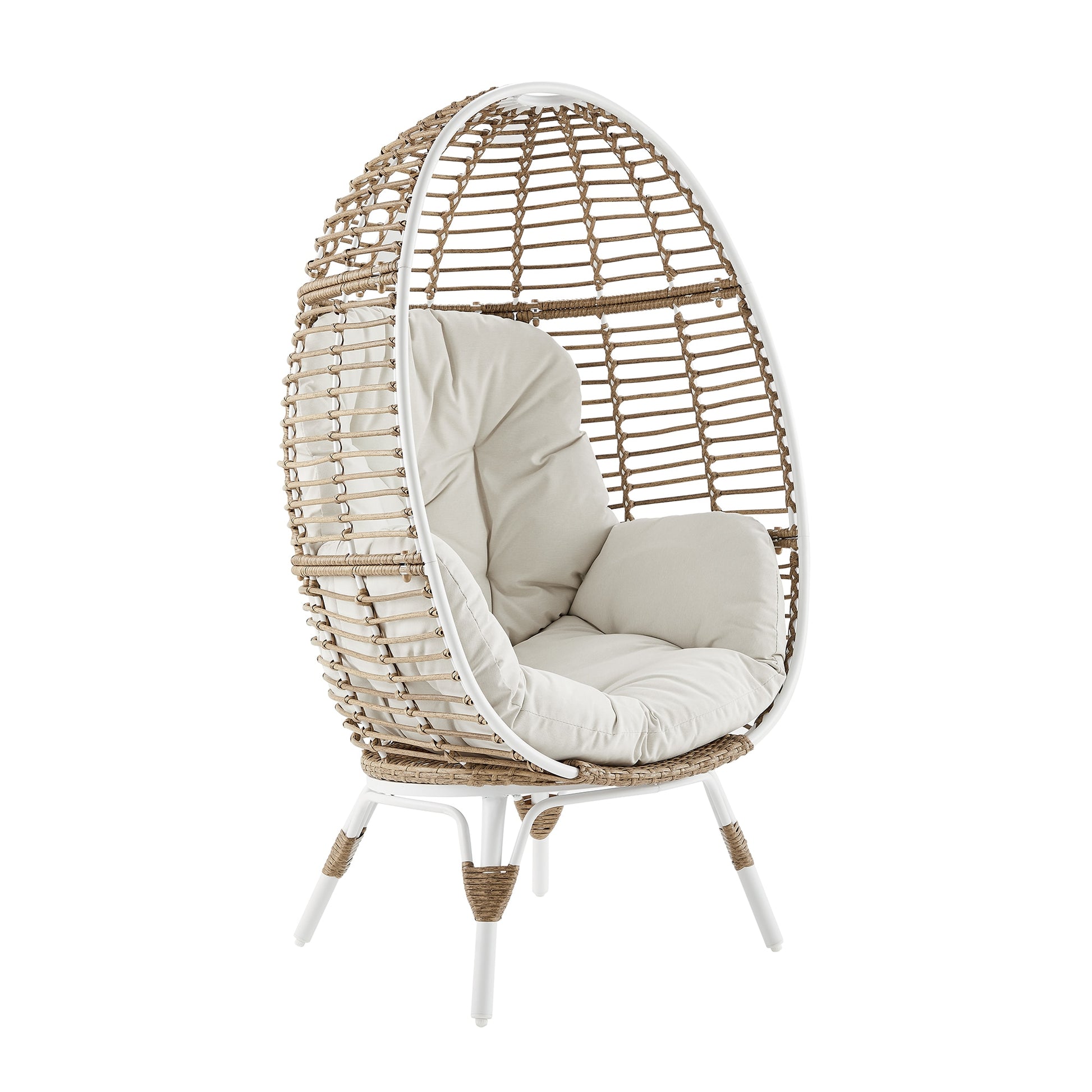 PEAK HOME FURNISHINGS Patio Chair Rattan White Metal Frame Stationary Egg Chair with Beige Olefin Cushioned Seat