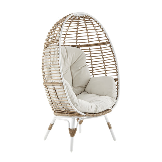 PEAK HOME FURNISHINGS Patio Chair Rattan White Metal Frame Stationary Egg Chair with Beige Olefin Cushioned Seat