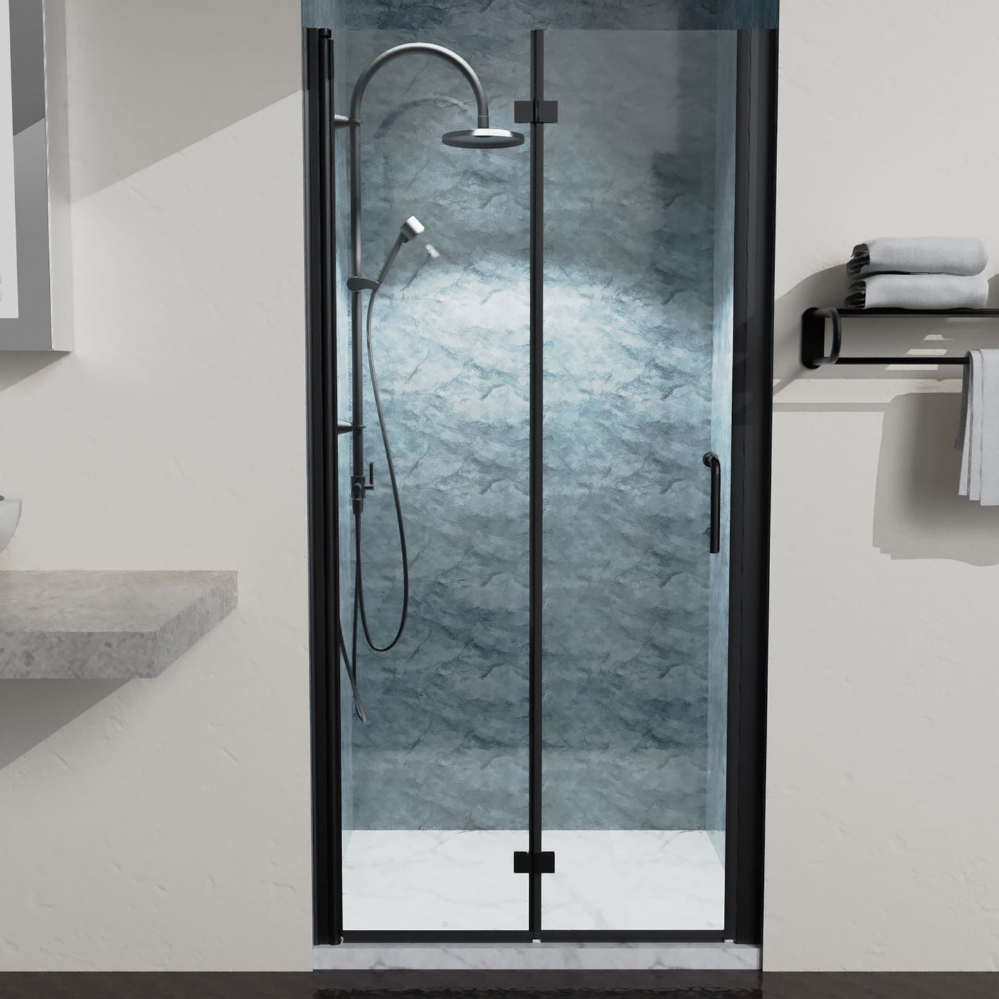 Lordear Matte Black 36-in to 37-3/8-in W x 72-in H Frameless Clear Glass Bifold Shower door