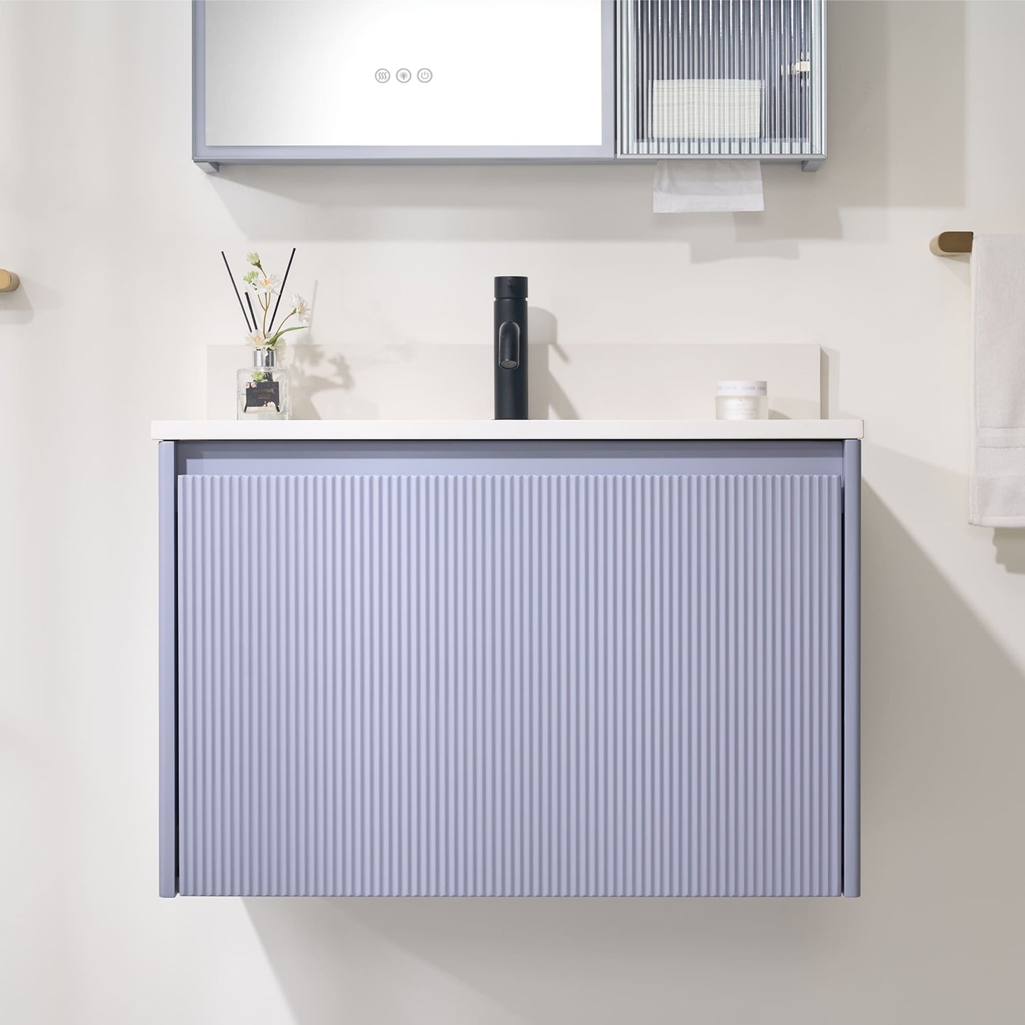 WELLFOR FLORA Floating Solid Wood Bathroom Vanity 30-in Lavender Undermount Single Sink Floating Bathroom Vanity with Carrera White Quartz Top