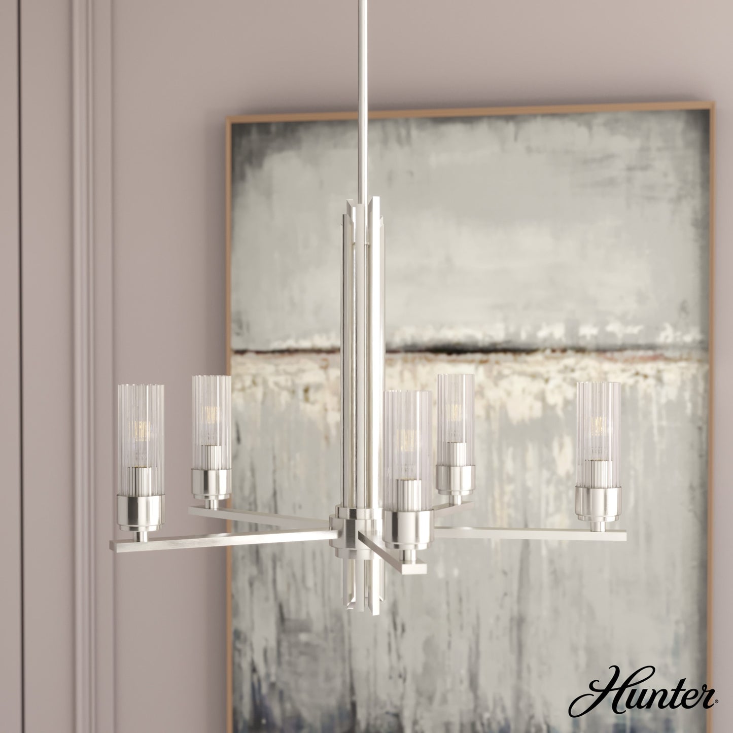 Hunter Gatz 5 -Light Brushed Nickel Indoor Ribbed glass Glass Metal Chandelier