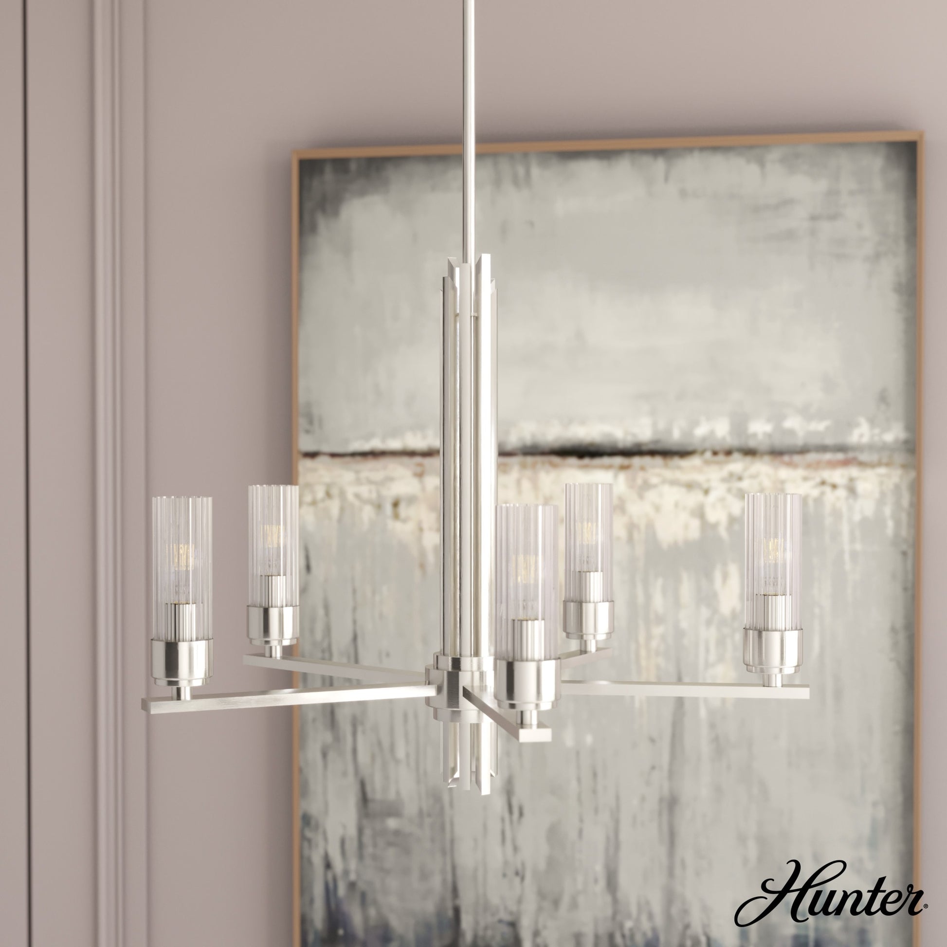 Hunter Gatz 5 -Light Brushed Nickel Indoor Ribbed glass Glass Metal Chandelier