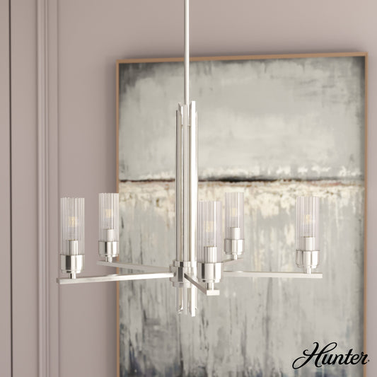Hunter Gatz 5 -Light Brushed Nickel Indoor Ribbed glass Glass Metal Chandelier