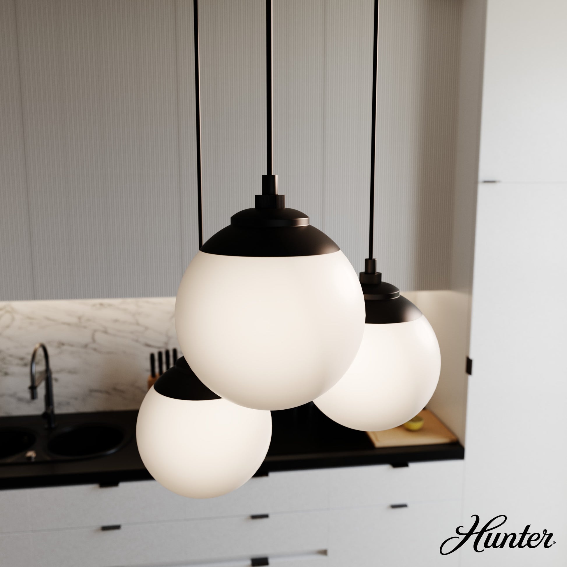 Hunter Hepburn 3 -Light Matte Black Mid-century Globe Mini Indoor Hanging Pendant Light