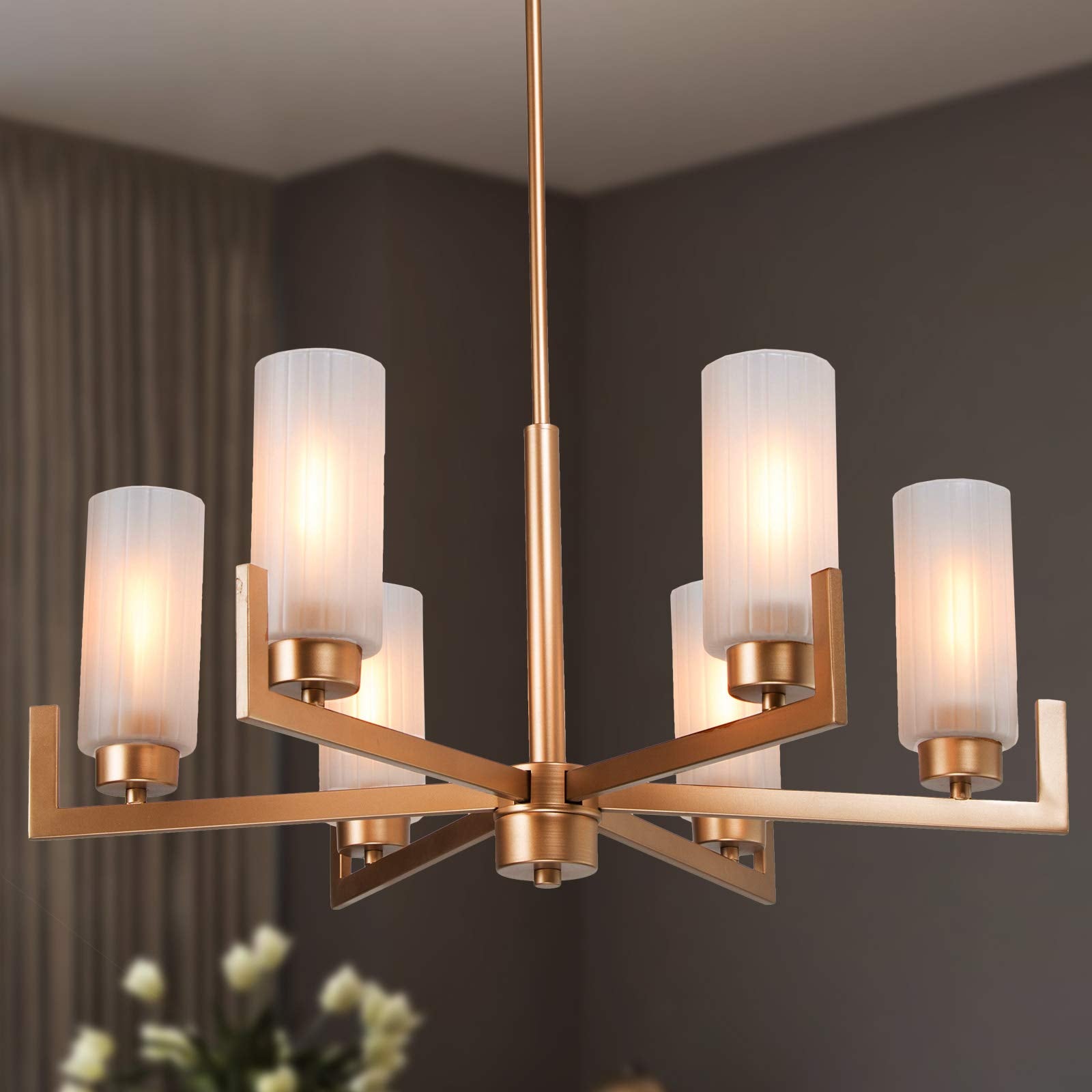 LNC Layla 6 -Light Matte Gold Indoor Opal glass Glass Metal Chandelier