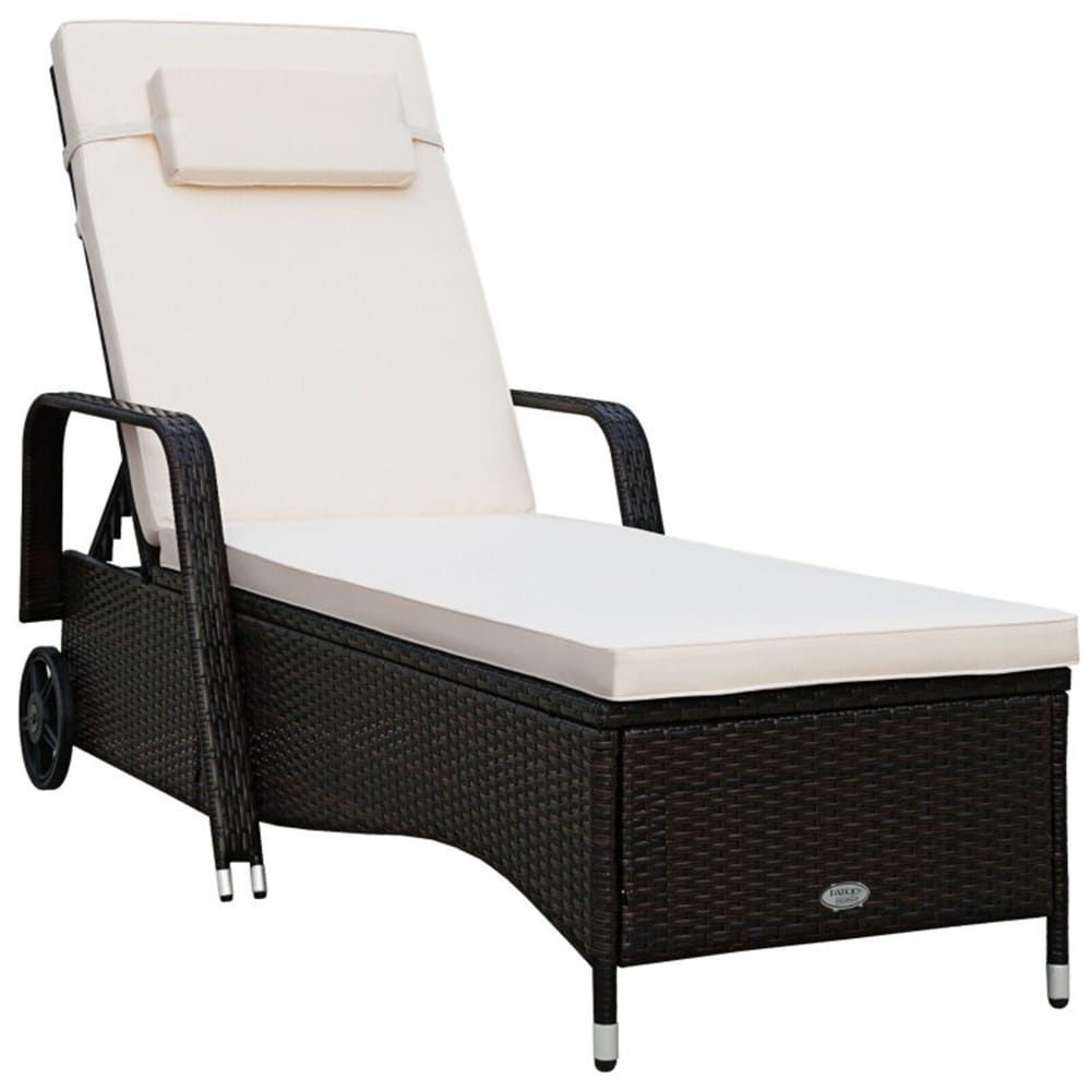 Forclover Patio Chair Rattan Brown Rattan Frame Stationary Chaise Lounge Chair with White Cushioned Seat