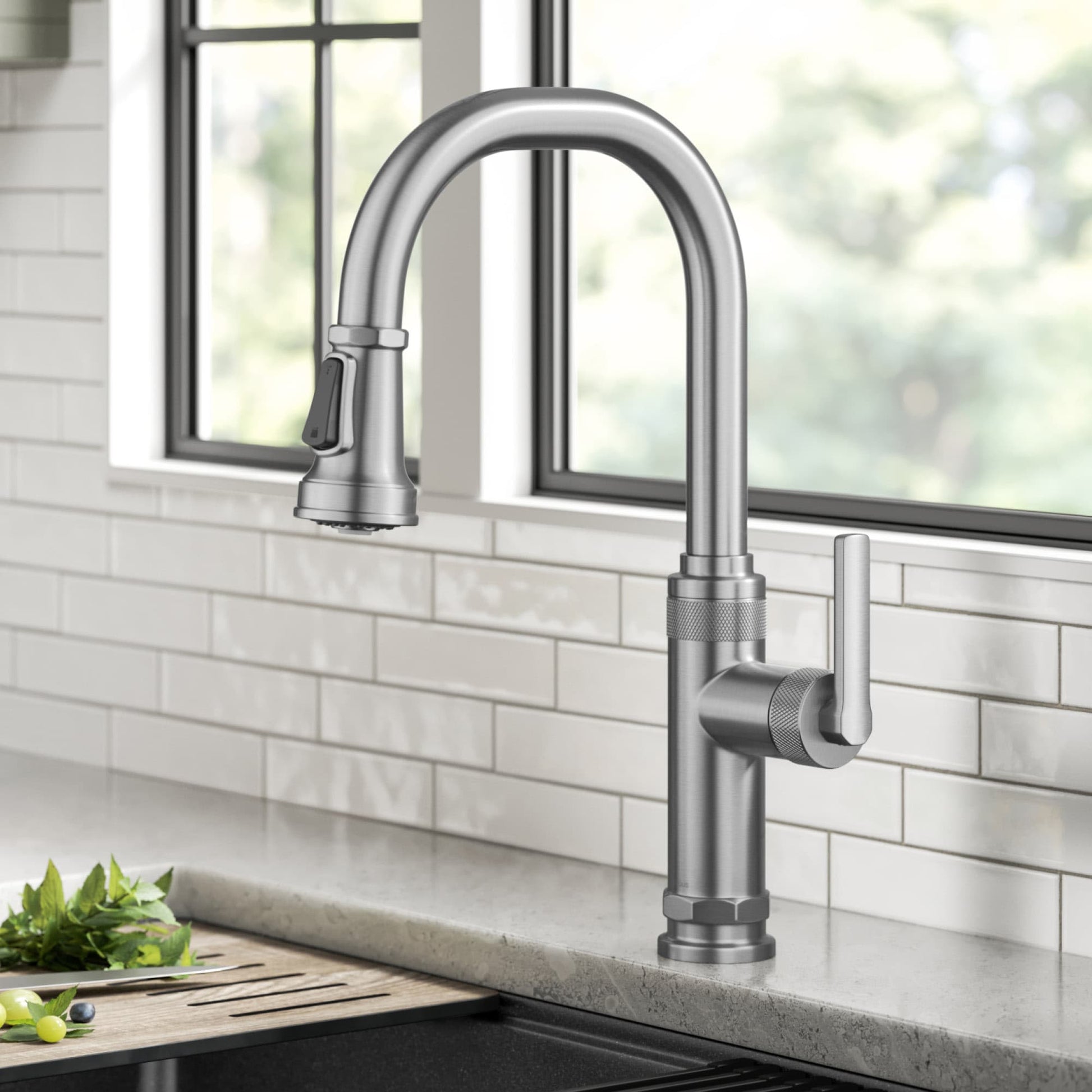 Kraus Allyn Spot Free Stainless Steel Single Handle Deck-mount Kitchen Faucet with Sprayer