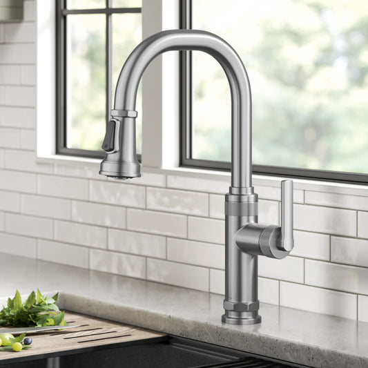 Kraus Allyn Spot Free Stainless Steel Single Handle Deck-mount Kitchen Faucet with Sprayer