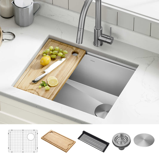 Kraus Kore Undermount 23-in x 19-in Stainless steel Single bowl 16 -Gauge Workstation Kitchen Sink