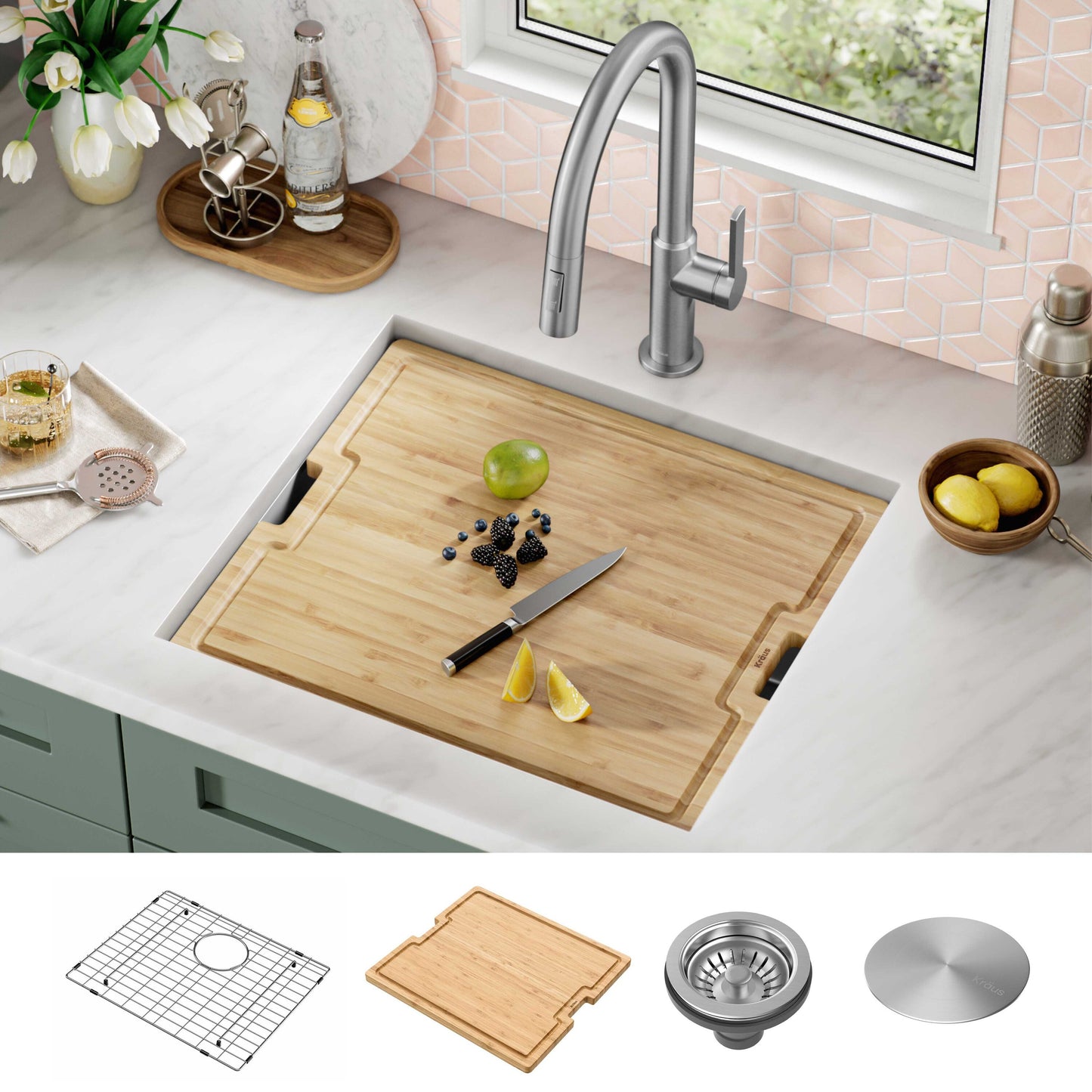 Kraus Kore Undermount 21-in x 19-in Stainless steel Single bowl 16 -Gauge Workstation Kitchen Sink