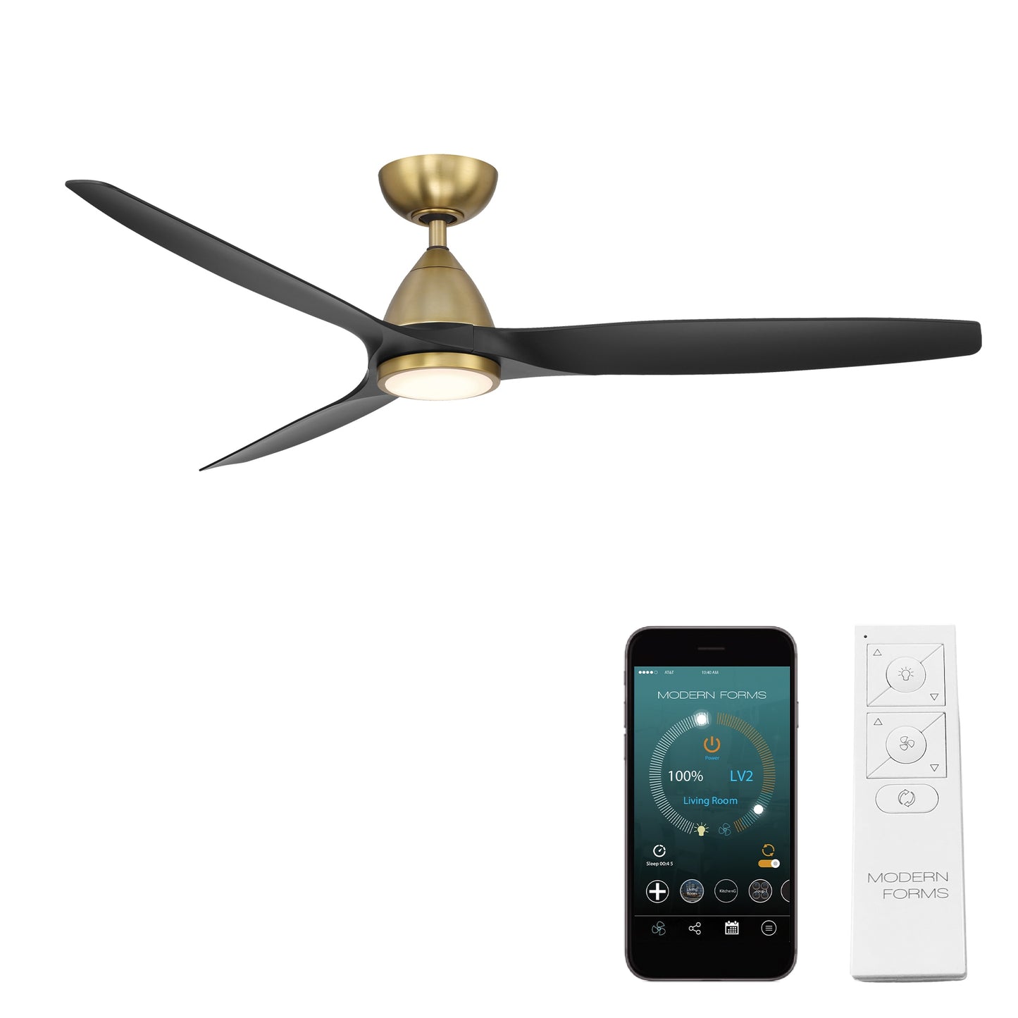 Modern Forms Skylark 62-in Soft Brass with Matte Black Blades Integrated LED Uncovered Outdoor Smart Ceiling Fan With Light and Remote Included 3 -Blade