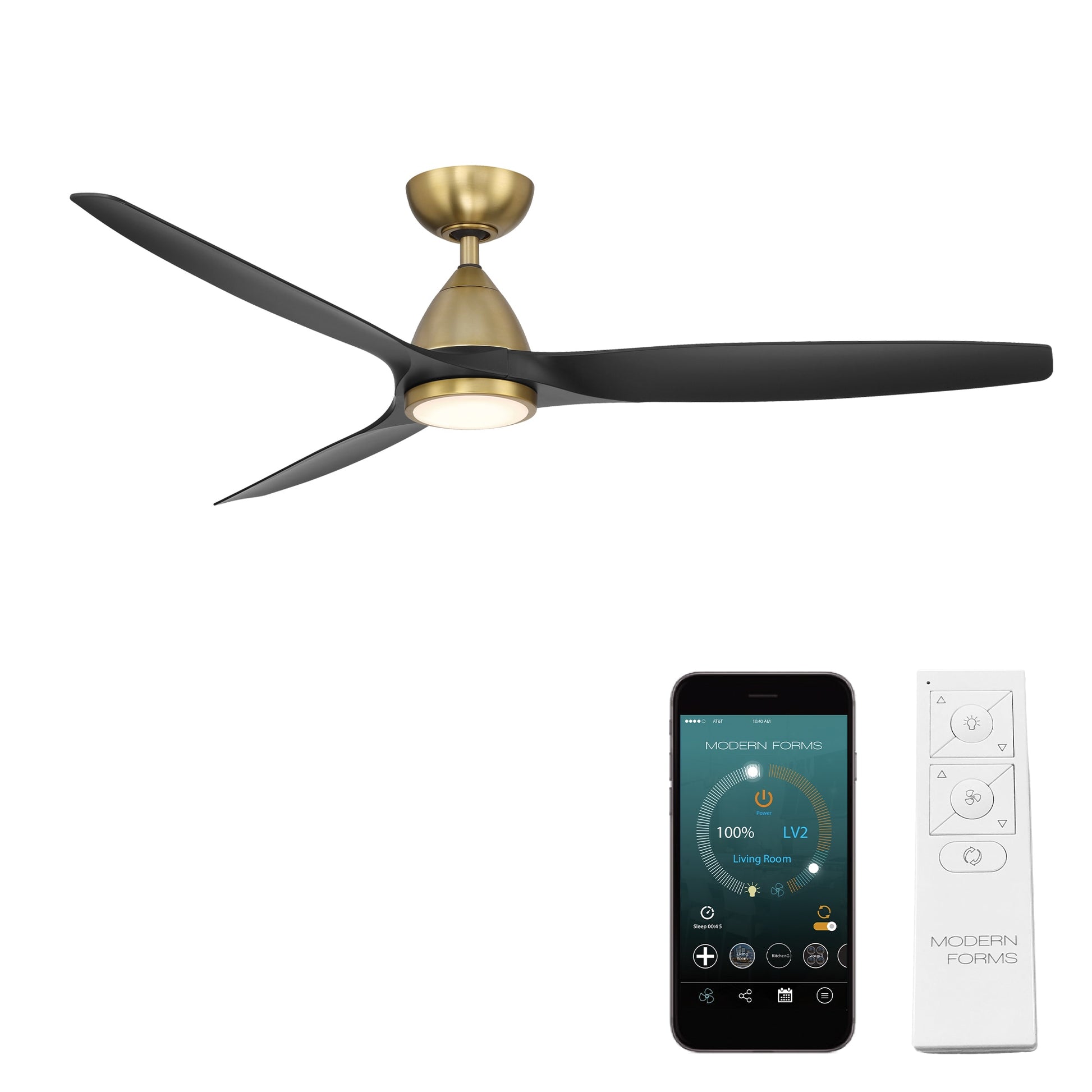 Modern Forms Skylark 62-in Soft Brass with Matte Black Blades Integrated LED Uncovered Outdoor Smart Ceiling Fan With Light and Remote Included 3 -Blade